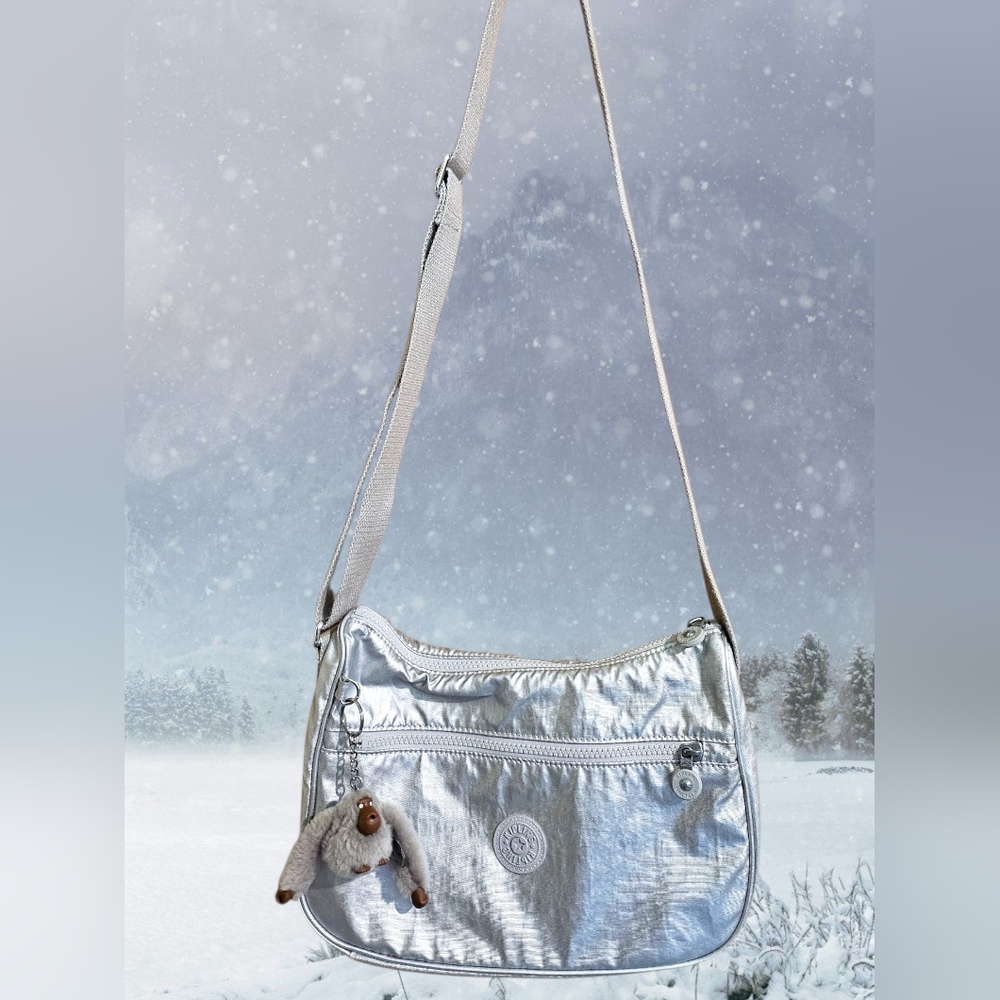 Kipling Chic Silver Metallic Crossbody Bag with Gorilla Charm